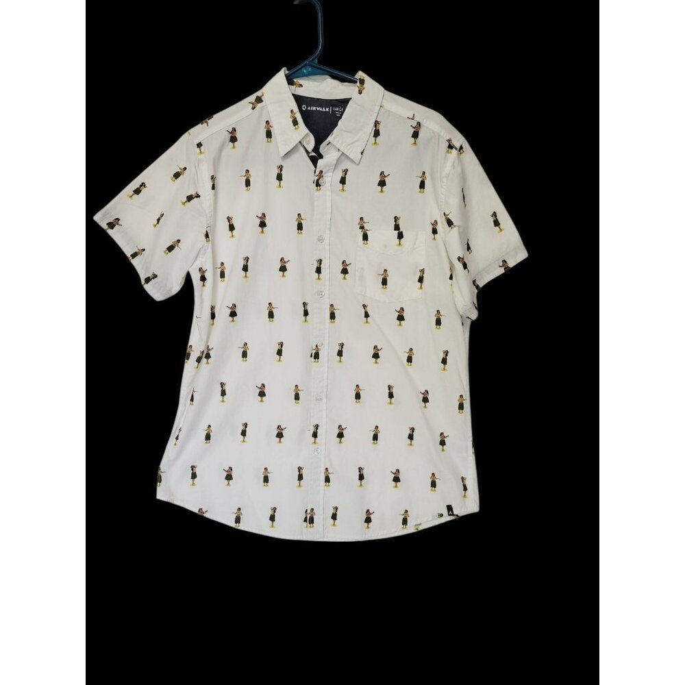Airwalk Mens Hula Girl Shirt L Short Sleeve Button Collar Beach‎ Hawaiian Aloha